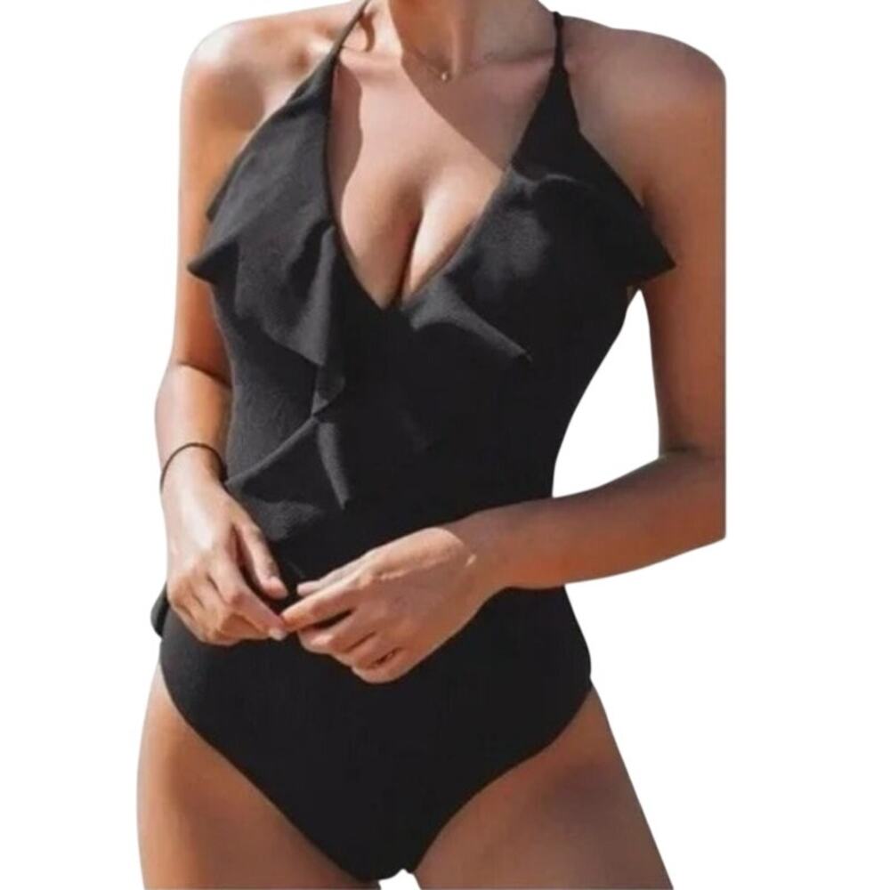 Cupshe Black Ruffle One Piece Swimsuit Small Padded Chest Ribbed